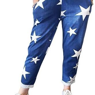 LUXEDIVA Women’s Ladies Denim Joggers Star Printed Sweatpants Floral Ribbed Waistband Trousers Ladies Casual Summer Drawstring Italian Gym Running Pants Plus Size 8-22