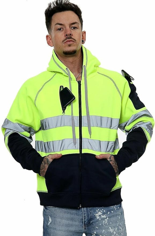 LUXE DIVA Hi-Vis Hoodie Reflective Safety 3 Zip Pockets S–5XL