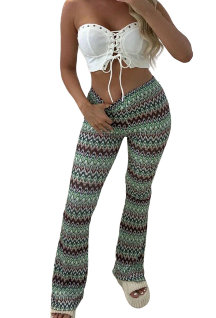 LADIES ZIG ZAG AZTEC PRINT FLAIR TROUSERS WOMEN BOOTCUT PANTS