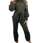 Load image into Gallery viewer, Women High Neck Belted Knitted Two Piece Set Lounge Wear Tracksuits
