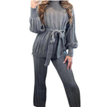 Load image into Gallery viewer, Women High Neck Belted Knitted Two Piece Set Lounge Wear Tracksuits