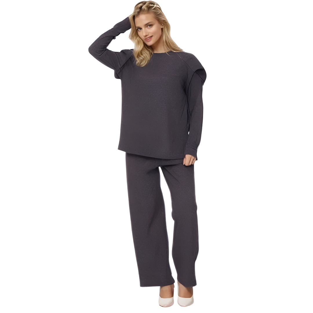 LUXE DIVA Ladies Frill arm Long Sleeve 2pcs Women's Wide Flared Leggings Trouser Loungewear Suit