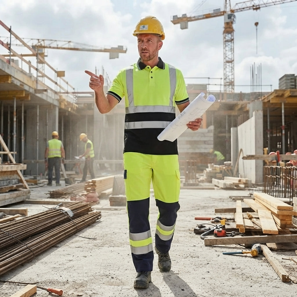 LUXE DIVA Men's Hi Vis Short Sleeve Polo Shirt & Trousers High Visibility Reflective Workwear Set