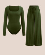 Load image into Gallery viewer, LUXE DIVA Ladies scoop neck Ribbed Long sleeve bodysuit & elasticated wide leg trouser two piece se