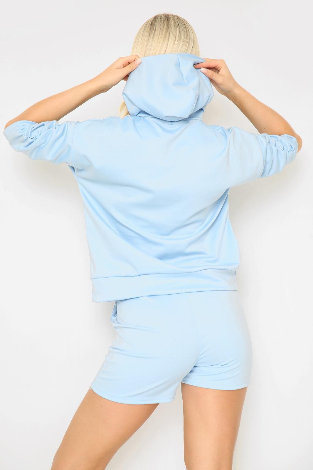 Hooded short sets , short ruched sleeve