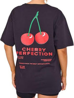 Load image into Gallery viewer, LUXE DIVA Women's Cherry Perfection Printed Oversized Top T-Shirt, Ladies Casual Short Sleeve Baggy Fit Crew Neck Summer Oversized Fruit Slogan Print Tees Shirt UK Plus Size Womenswear Lady Comfort Tshirt Streetwear Crewneck Round Neck