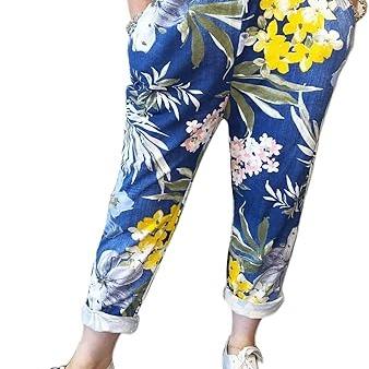 LUXEDIVA Women’s Ladies Denim Joggers Star Printed Sweatpants Floral Ribbed Waistband Trousers Ladies Casual Summer Drawstring Italian Gym Running Pants Plus Size 8-22