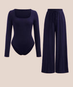 Load image into Gallery viewer, LUXE DIVA Ladies scoop neck Ribbed Long sleeve bodysuit & elasticated wide leg trouser two piece se