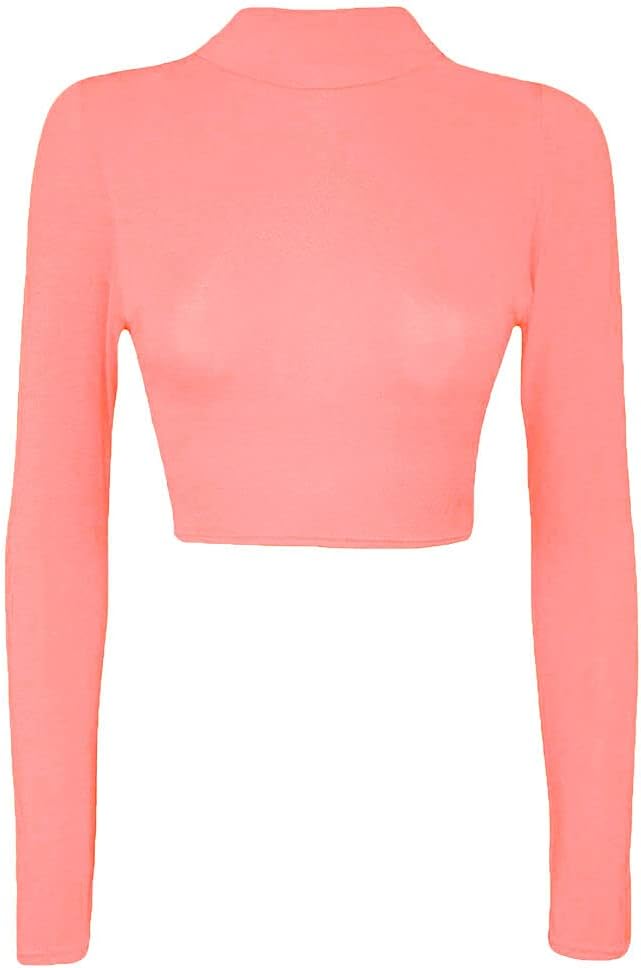Womens Turtle Neck Crop Ladies Long Sleeve Plain Polo Short Stretch Top Sizes 8-14