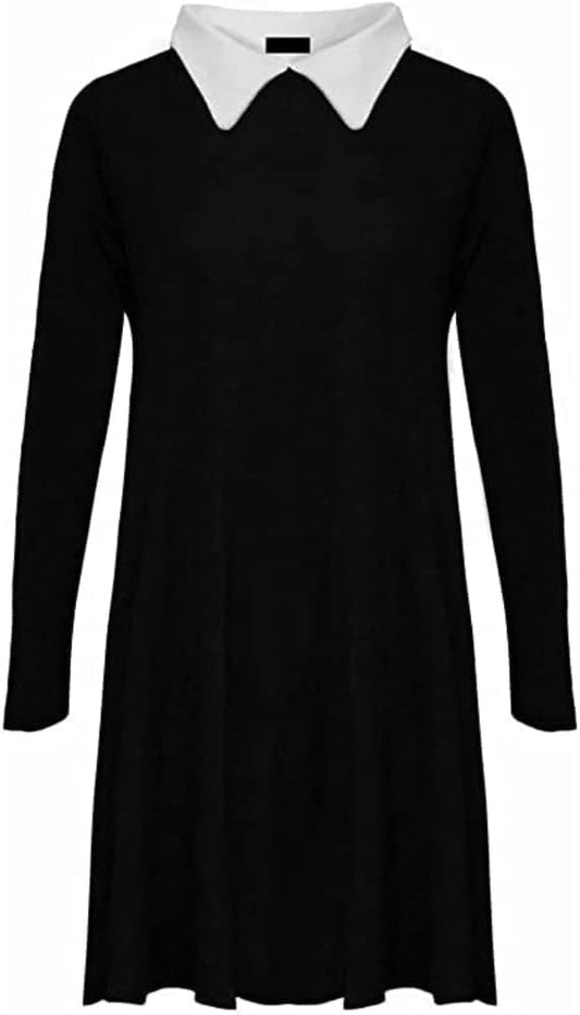 LUXE DIVA Womens and Kids Collar Long Sleeve Plain Ladies Swing Dress Ladies Long Sleeve Peter Pan Collar Flared Festive Halloween Swing Dress Top (UK, Numeric, 16, 18, Regular, Regular, Black)