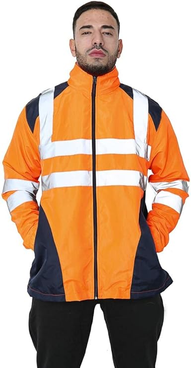 LUXE DIVA Hi Vis Rain Jacket Mens High Visibility Waterproof Reflective Tape Band Safety Zipper Hooded Top Lightweight Sizes S to 5XL