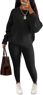 Load image into Gallery viewer, LUXE DIVA Women's 2pcs Round Neck Drop Shoulder Long Sleeve Top & Drawstring Waist Pant, Casual Slim Solid Sweater Set Knitwear