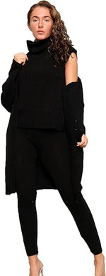 Load image into Gallery viewer, Women's Long Sleeve Knit 3 Piece Roll Neck Chunky Knitted Top Open Cardigan Tracksuit Ladies Ribbed Sleeveless Jumper Elasticated Legging Lounge Wear Set Suit UK 8-14