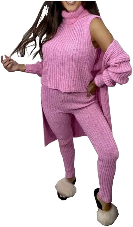 LUXE DIVA Women's 3 Piece Knit Lounge Set Roll Neck Cardigan