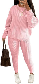 Load image into Gallery viewer, LUXE DIVA Women's 2pcs Round Neck Drop Shoulder Long Sleeve Top & Drawstring Waist Pant, Casual Slim Solid Sweater Set Knitwear