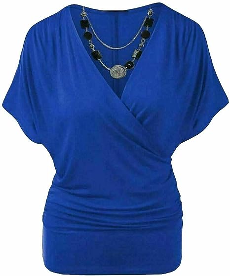 Womens Rap Over Necklace Batwing Top Ladies Stretchy Wrap Over Loose Fit Vest