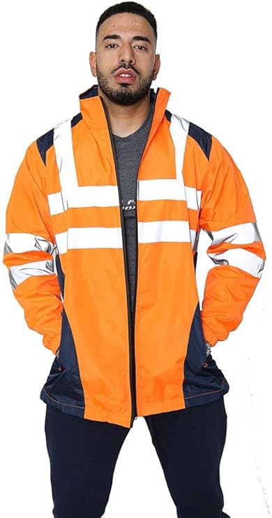 LUXE DIVA Hi Vis Rain Jacket Mens High Visibility Waterproof Reflective Tape Band Safety Zipper Hooded Top Lightweight Sizes S to 5XL