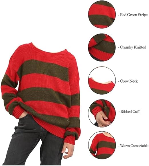 LUXE DIVA Kids Halloween Horror Red & Green Stripe Knitted Sweater