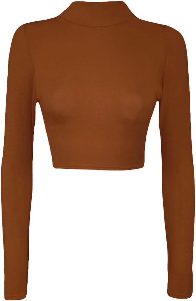 Womens Turtle Neck Crop Ladies Long Sleeve Plain Polo Short Stretch Top Sizes 8-14