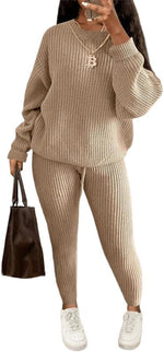 Load image into Gallery viewer, LUXE DIVA Women's 2pcs Round Neck Drop Shoulder Long Sleeve Top & Drawstring Waist Pant, Casual Slim Solid Sweater Set Knitwear