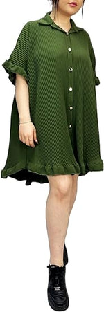 Load image into Gallery viewer, Women’s Gold Button Pleated Short Sleeve Plain Collared Frill Hem Ladies Casual Loose Fit Oversized Baggy Plus Size Swing Summer Crinkle Dresses for Women