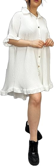Women’s Gold Button Pleated Short Sleeve Plain Collared Frill Hem Ladies Casual Loose Fit Oversized Baggy Plus Size Swing Summer Crinkle Dresses for Women