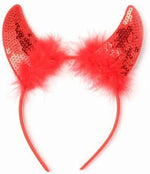 Load image into Gallery viewer, LUXE DIVA Fun pair of red sequin Devils horns on head band, Alice band, Great Hen nights, fancy dress Girls Halloween Red and Black Devil Horns Alice Hair Band Headband