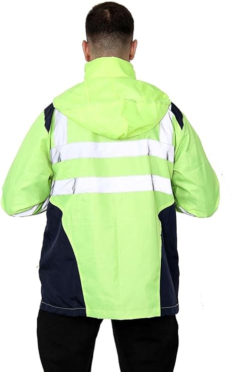 LUXE DIVA Hi Vis Rain Jacket Mens High Visibility Waterproof Reflective Tape Band Safety Zipper Hooded Top Lightweight Sizes S to 5XL