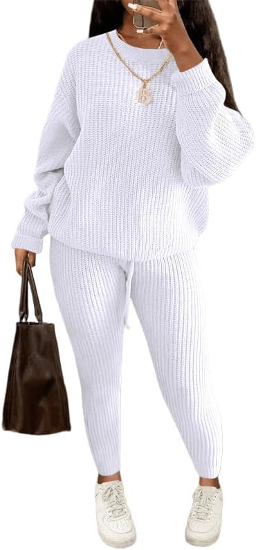 LUXE DIVA Women's 2pcs Round Neck Drop Shoulder Long Sleeve Top & Drawstring Waist Pant, Casual Slim Solid Sweater Set Knitwear