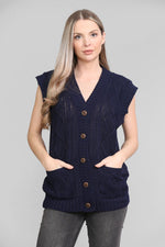 Load image into Gallery viewer, LADIES SLEEVELESS 5 BUTTON WAISTCOAT KNITTED 2 POCKETS V/NECK SELF COLOUR KNITWEAR FRONT PATTERN W/COAT ALL YEAR ROUND WEAR