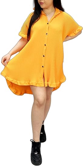 Women’s Gold Button Pleated Short Sleeve Plain Collared Frill Hem Ladies Casual Loose Fit Oversized Baggy Plus Size Swing Summer Crinkle Dresses for Women