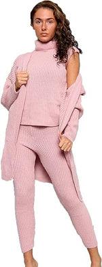 Load image into Gallery viewer, Women's Long Sleeve Knit 3 Piece Roll Neck Chunky Knitted Top Open Cardigan Tracksuit Ladies Ribbed Sleeveless Jumper Elasticated Legging Lounge Wear Set Suit UK 8-14