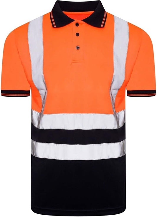 LUXE DIVA Hi Viz High Visibility Short Sleeve Polo Shirts - Men's Reflective Tape Safety Hi Vis Security Work Breathable Lightweight Workwear T-Shirt Tops