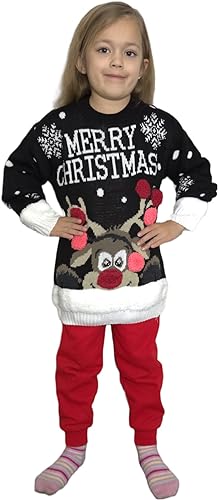 LUXE DIVA Kids 3D Pom Pom Christmas Jumper Novelty Knit