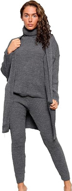Load image into Gallery viewer, Women's Long Sleeve Knit 3 Piece Roll Neck Chunky Knitted Top Open Cardigan Tracksuit Ladies Ribbed Sleeveless Jumper Elasticated Legging Lounge Wear Set Suit UK 8-14