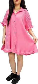 Load image into Gallery viewer, Women’s Gold Button Pleated Short Sleeve Plain Collared Frill Hem Ladies Casual Loose Fit Oversized Baggy Plus Size Swing Summer Crinkle Dresses for Women