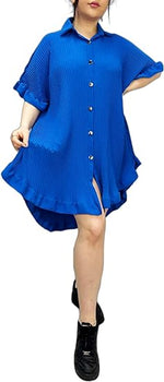 Load image into Gallery viewer, Women’s Gold Button Pleated Short Sleeve Plain Collared Frill Hem Ladies Casual Loose Fit Oversized Baggy Plus Size Swing Summer Crinkle Dresses for Women