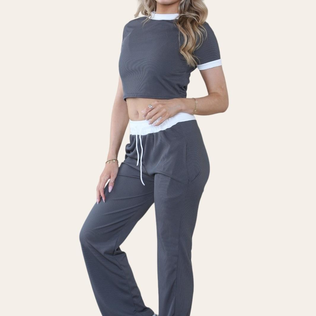 Ladies Women's ribbed contrast cap sleeve crop top trouser two piece Co ord set