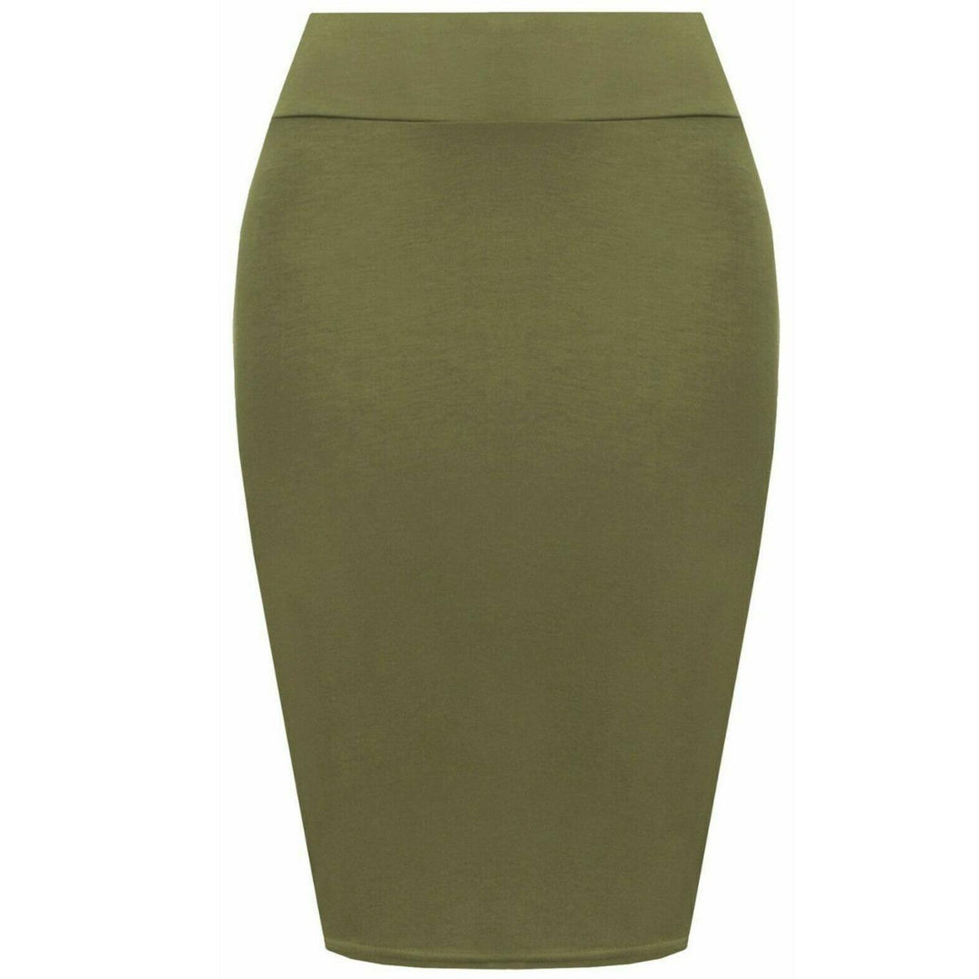Womens Plain High Waisted Knee Length Bodycon Stretch Pencil Midi Skirt 8-14