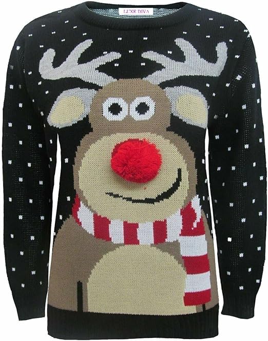 LUXE DIVA Unisex 3D Pom Pom Reindeer Nose Christmas Jumper