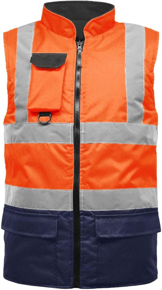 LUXE DIVA Hi Viz Bodywarmer Reversible Fleece Lined High Visibility Gilet Hi Vis Reflective Waterproof Workwear Padded Vest Security Safety Wear Warm Waistcoat
