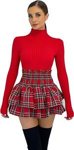 Load image into Gallery viewer, Women High Waist Designer/Check Tartan Skirt Petite Skirt Ladies Shirred Waist Ruffle Layered Hem Boho Skirt