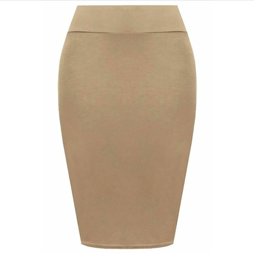 Womens Plain High Waisted Knee Length Bodycon Stretch Pencil Midi Skirt 8-14