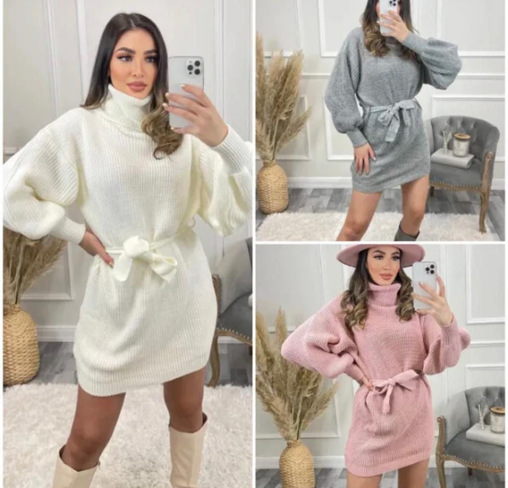 Women's Ladies Knitted Balloon Sleeve Polo Neck Belt Jumper Dress