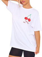 Load image into Gallery viewer, LUXE DIVA Women's Cherry Perfection Printed Oversized Top T-Shirt, Ladies Casual Short Sleeve Baggy Fit Crew Neck Summer Oversized Fruit Slogan Print Tees Shirt UK Plus Size Womenswear Lady Comfort Tshirt Streetwear Crewneck Round Neck
