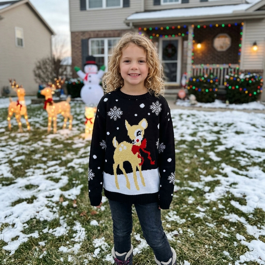 Kids Unisex Christmas Jumper – Cute Reindeer & Snowflake Knitted Xmas Sweater