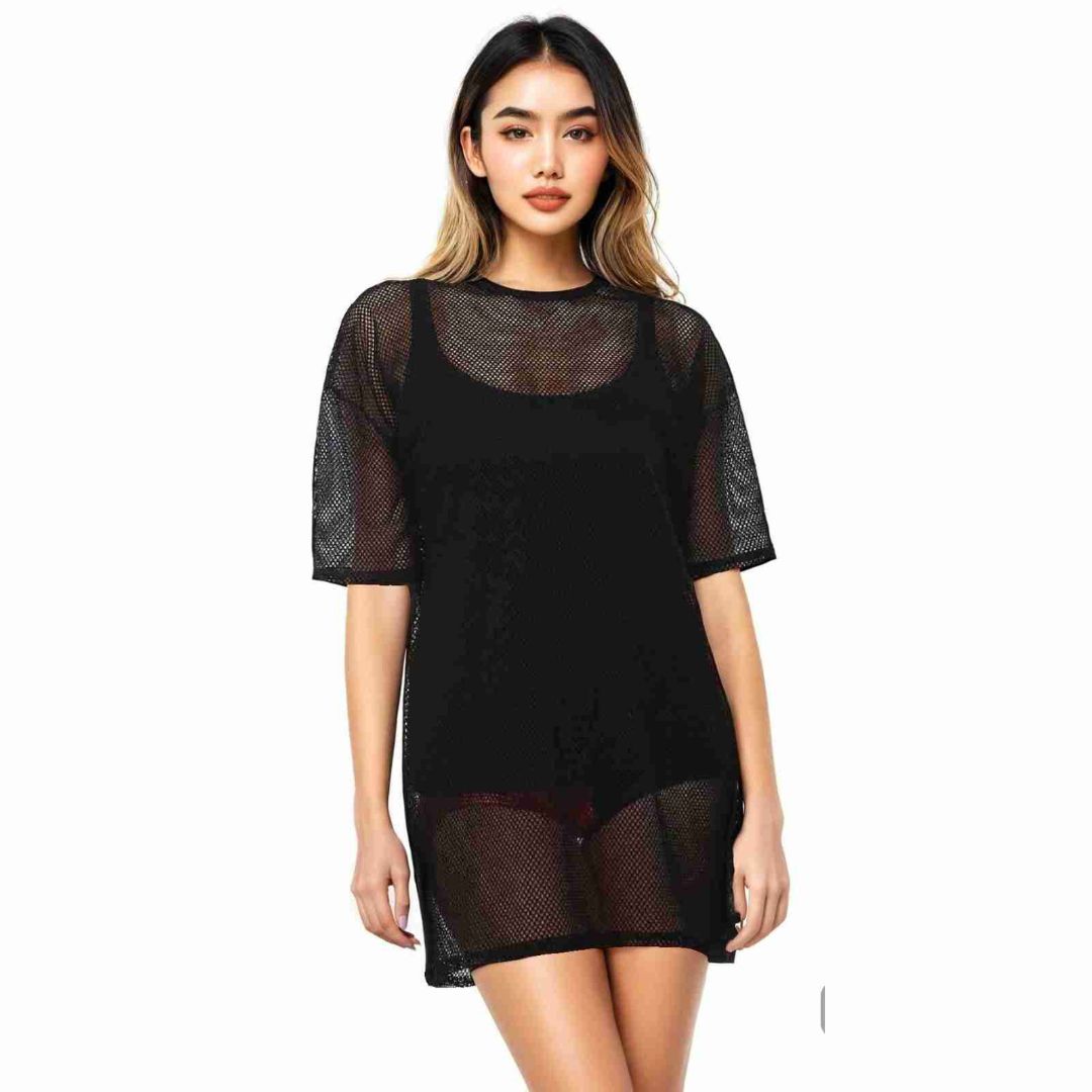 LUXE DIVA Womens Round Neck  Sheer Mesh Top Ladies Short Sleeve Tunic Baggy T-Shirt Dress