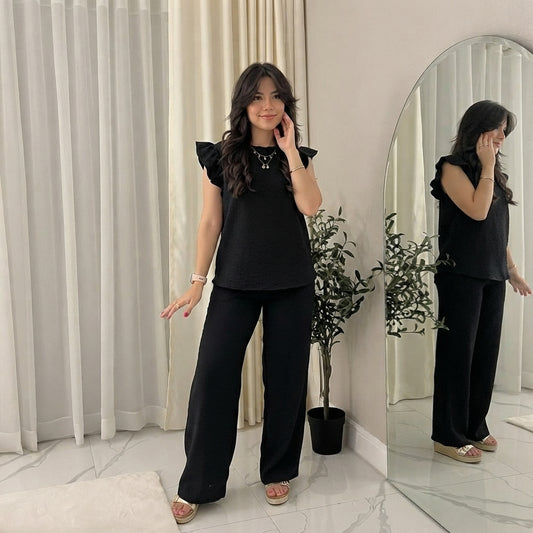 LUXEDIVA Womens Ladies Super Soft Popcorn Frill Short Sleeve Top Trouser 2PCS Co Ord LOungewear Sets