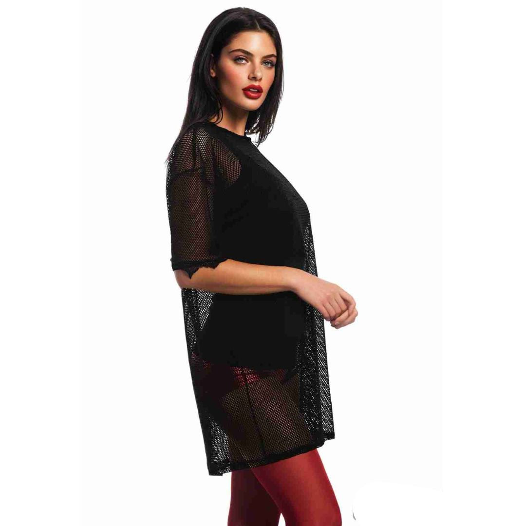 LUXE DIVA Womens Round Neck  Sheer Mesh Top Ladies Short Sleeve Tunic Baggy T-Shirt Dress