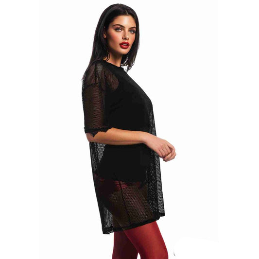 LUXE DIVA Womens Round Neck Sheer Mesh Top Ladies Short Sleeve Tunic Baggy T-Shirt Dress